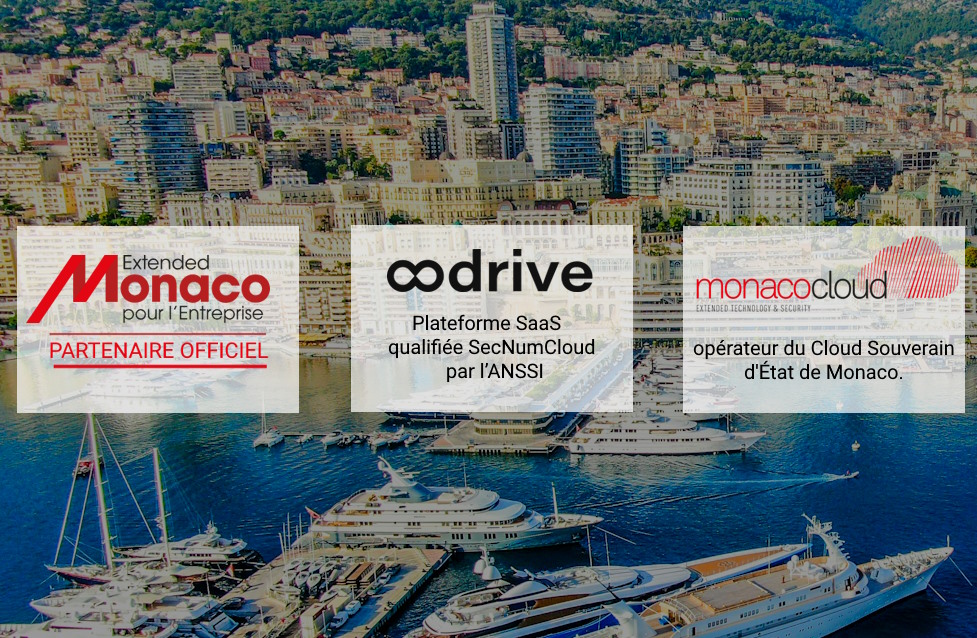 Vue du port Hercule à Monaco avec les logos d’Extended Monaco, Oodrive et Monaco Cloud, partenaires d'All Docs