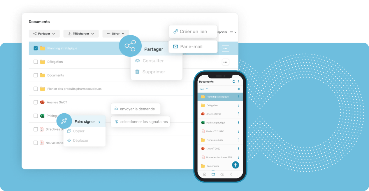 partage-signature-fichiers-solution-work-oodrive capture d'ecran "partagez et signez des fichiers en toute securite" illustrant la solution work d'oodrive