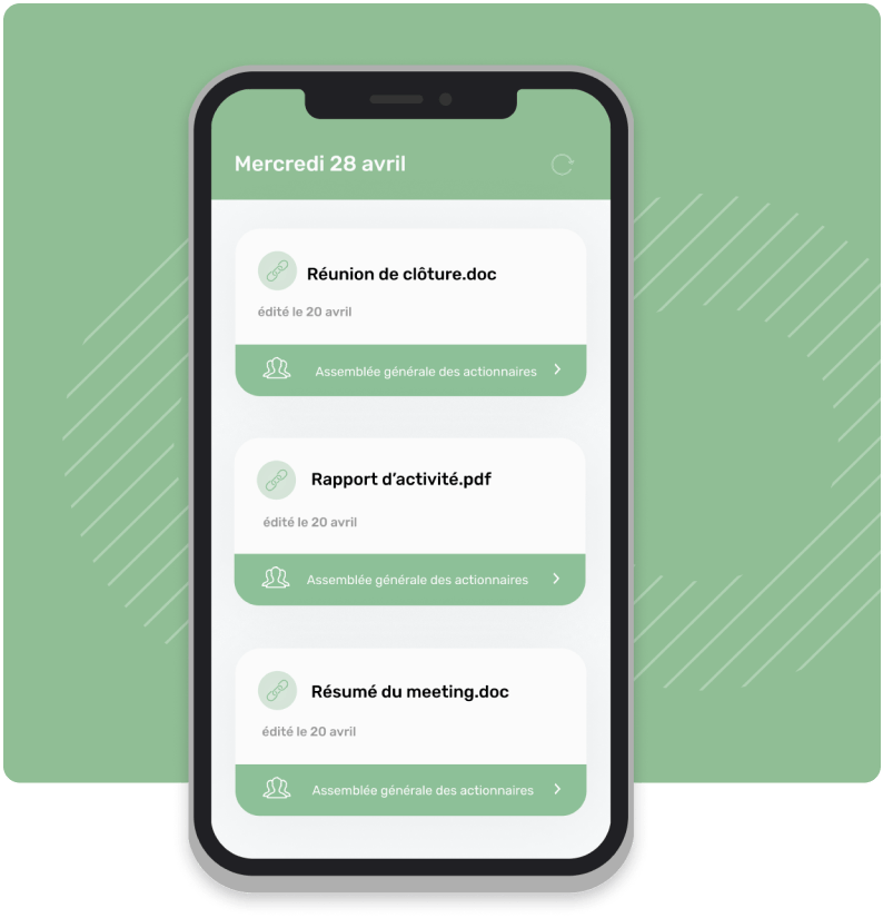 capture-mobile-solution-oodrive-meet capture d'ecran mobile de la solution meet d'oodrive montrant 3 documents en pdf et doc