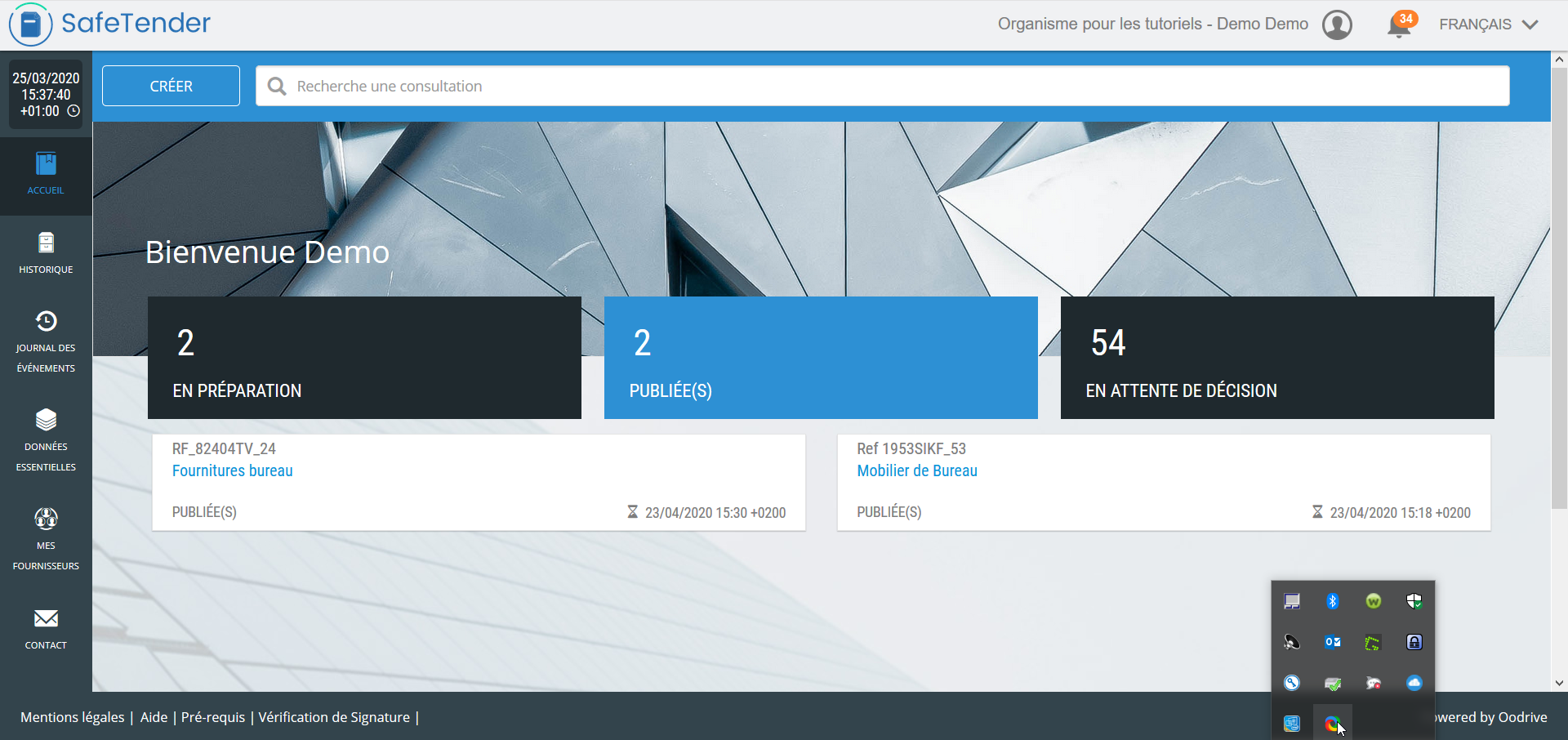 bienvenue-demo-safetender-omnikles capture d'ecran "bienvenue demo" de la solution safe tender d'omnikles